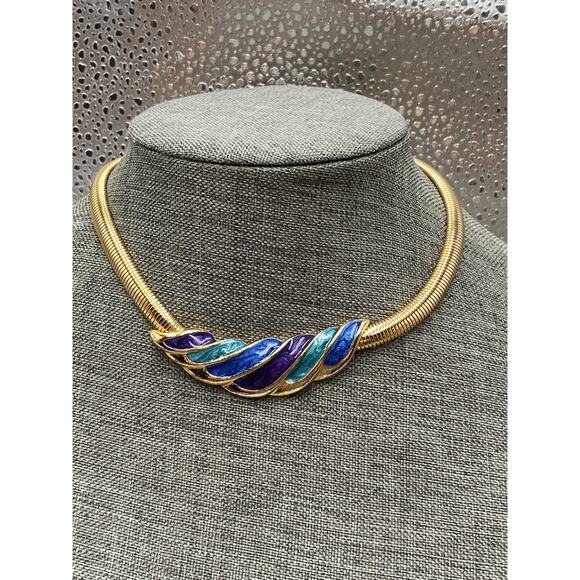 Necklace Chocker Serpentine Chain Swirl Gold Tone Enamel 15” Vintage - Picture 9 of 9